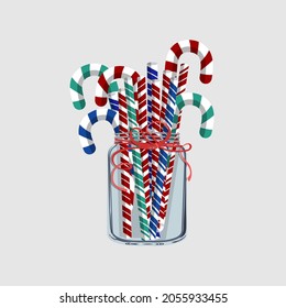 Christmas candy canes with red bow in a glass jar isolated on white background. Vector illustration.