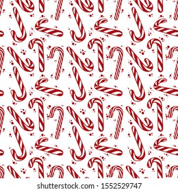 Christmas candy canes seamless background. Hand drawn Christmas sweets vector endless pattern Part of set.