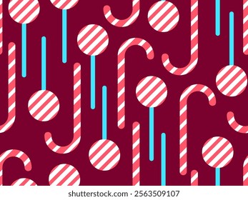 Christmas candy canes seamless pattern. Striped candy cane and lollipop. Festive Christmas sweets. Design for wallpapers, covers, wrappers and banners. Vector illustration