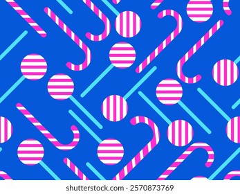 Christmas candy canes seamless pattern. Striped candy cane and lollipop. Festive Christmas sweets. Design for wallpapers, covers, wrappers and banners. Vector illustration