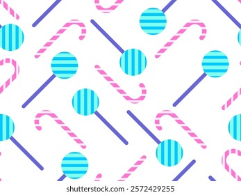 Christmas candy canes seamless pattern. Striped candy cane and lollipop. Festive Christmas sweets. Design for wallpapers, covers, wrappers and banners. Vector illustration