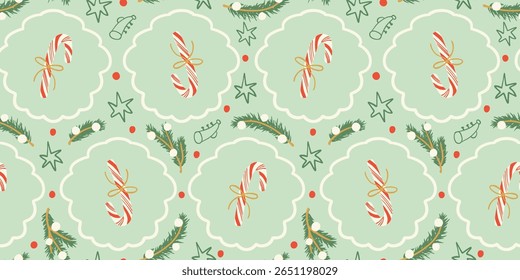 Christmas candy canes seamless pattern. Candy canes with stripes, bows, stars, tree branches holiday season background. Wrapping paper, fabric design.