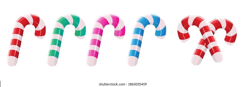 Christmas candy canes set isolated on white background. Xmas Stripped cartoon lolipops collection. Vector candy cane