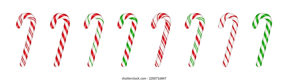 Christmas candy canes set. Christmas stick. Traditional xmas candy with red, green and white stripes. Santa caramel cane with striped pattern. Vector illustration isolated on white background.