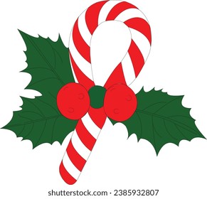 Christmas candy canes set. Christmas stick. Traditional xmas candy with red, green and white stripes. Santa caramel cane with striped pattern. Vector illustration isolated on white background.