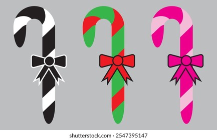 Conjunto de bastones de caramelo de Navidades. Las Navidades se pegan. Caramelo tradicional de Navidad con rayas rojas, verdes y blancas. Bastón de Santa caramelo con estampado de rayas. Ilustración vectorial aislada sobre fondo blanco.