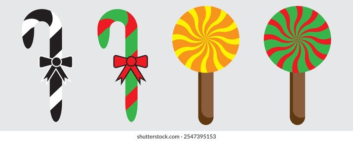 Conjunto de bastones de caramelo de Navidades. Las Navidades se pegan. Caramelo tradicional de Navidad con rayas rojas, verdes y blancas. Bastón de Santa caramelo con estampado de rayas. Ilustración vectorial aislada sobre fondo blanco.