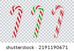 Christmas candy canes. Christmas stick. Traditional xmas candy with red, green and white stripes. Santa caramel cane with striped pattern. Vector illustration isolated on transparent background.