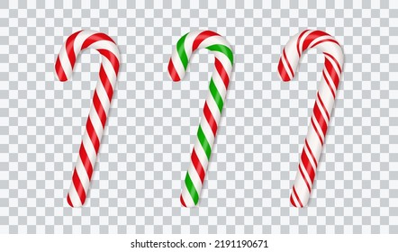 Caña de caramelos de Navidad. Palo de Navidad. Los dulces tradicionales de Navidad con rayas rojas, verdes y blancas. Caña de caramelo de Santa con estribos. Ilustración vectorial aislada en fondo transparente.