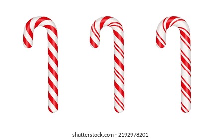 Caña de caramelos de Navidad. Palo de Navidad. Los dulces tradicionales de Navidad con rayas rojas, verdes y blancas. Caña de caramelo de Santa con estribos. Ilustración vectorial aislada en fondo blanco.