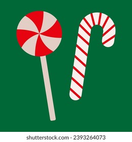 Christmas candy canes. Christmas stick. Traditional Xmas candy with red, green, and white stripes. Santa caramel cane with striped pattern. Vector illustration