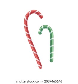 Christmas candy canes. Striped Xmas sticks. Holiday sweets. Sugar candycanes. Festive peppermint flavored caramel. Realistic flat vector illustration of glossy lollipop isolated on white background