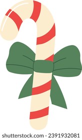 Christmas candy canes. Striped Xmas sugar sticks. Holiday hard sweets with bow. Caramel candycanes. Flat vector illustration of lollipop with green bow isolated on white background