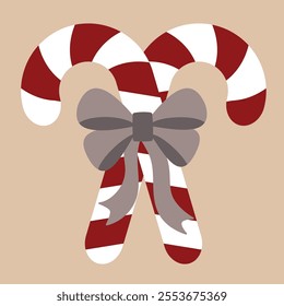 Christmas Candy canes tied with a bow. Design element for door wreath decoration. Holiday icon for greeting cards. Symbol of Merry Christmas, a sign of New Year's Eve celebrations