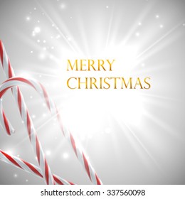 Christmas Candy Canes. Vector Holiday Illustration of Christmas Sweet Candies With Flash And Sparkles. Festive Banner Or Poster Design