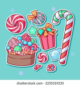 Christmas candy cartoon sticker, xmas sweets stickers pack. Winter holidays