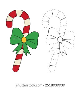 Christmas candy coloring pages for kids. Trace and color Christmas candy. Coloring page sweet christmas candy. Kindergarten and preschool worksheets printables vector. Seasonal seasons winter. 
