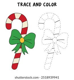 Christmas candy coloring pages for kids. Trace and color Christmas candy. Coloring page sweet christmas candy. Kindergarten and preschool worksheets printables vector. Seasonal seasons winter. 