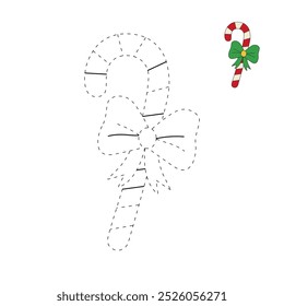 Christmas candy coloring pages for kids. Trace and color Christmas candy. Coloring page sweet christmas candy. Kindergarten and preschool worksheets printables vector. Seasonal seasons winter. 