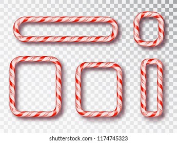 Christmas Candy Frame isolated set. Blank Christmas design, realistic red and white twisted cord frame. New Year 2019. Holiday design, decor. Vector illustration.