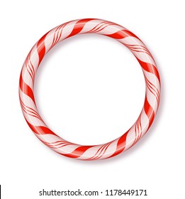 Christmas Candy Frame round isolated . Blank Christmas design, realistic red and white twisted cord frame. New Year 2019. Holiday design, decor. Vector illustration.