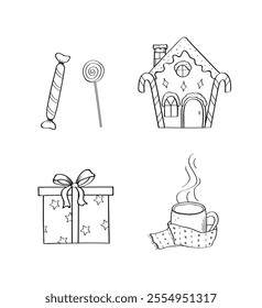 Christmas candy, gift box, hot chocolate, gingerbread house. Vector illustration of doodle icons.