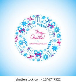 Christmas candy, gifts and holiday greetings in a circle. Poster with stars with ice, precious stones and snowflakes. Design of New Year's cards, festive message, concert, entertainment program.