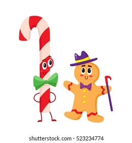 Christmas candy and gingerbread funny character, cartoon vector illustration isolated on white background. Traditional striped red and white Xmas candy cane cute and funny Christmas character