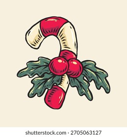 Navidades de caramelo con Vector de baya de acebo dibujado a mano sobre fondo aislado. Ilustración vectorial de Navidades. Navidades Vector tema ilustración