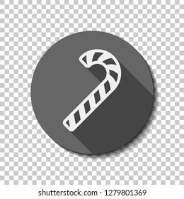 Christmas candy icon, sweet striped lollipop. flat icon, long shadow, circle, transparent grid. Badge or sticker style