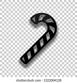 Christmas candy icon, sweet striped lollipop. Black glass icon with soft shadow on transparent background