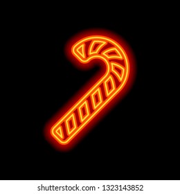 Christmas candy icon, sweet striped lollipop. Orange neon style on black background. Light icon