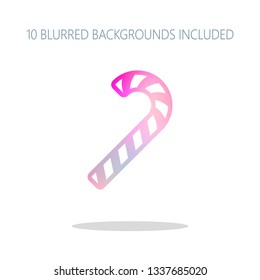Christmas candy icon, sweet striped lollipop. Colorful logo concept with simple shadow on white. 10 different blurred backgrounds included