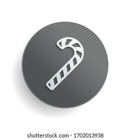 Christmas candy icon, sweet striped lollipop. White paper symbol on gray round button or badge with shadow