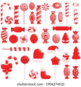 Christmas candy icons set. Cartoon set of christmas candy vector icons for web design