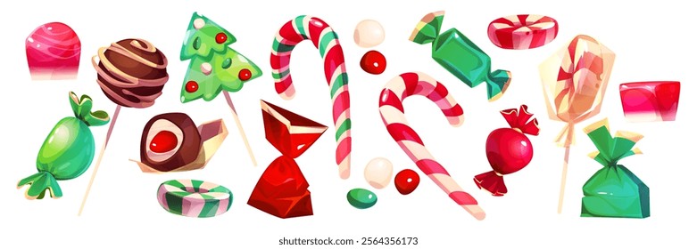 Christmas candy and lollipop set - striped peppermint canes, wrapped chocolates, tree shaped suckers, red bonbons, chocolate balls, green candies with glossy wrapper and mint sweets. Festive treats.