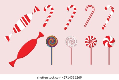 Christmas Candy and Lollipop Vector Icon Set