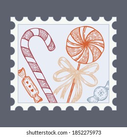 Christmas Candy, Lollipops. Christmas stamps with holiday Vintage illustration. Postage stamp frames. Vector 