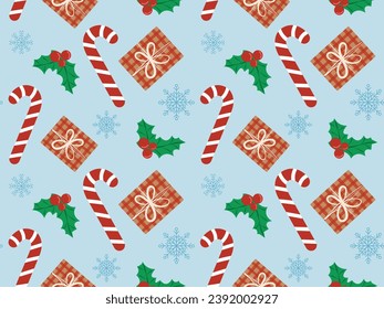 Christmas candy with mistletoe, gift and snowflake seamless pattern on blue background. Traditional Christmas packaging, card, wrapping paper, for textiles. Vector illustration