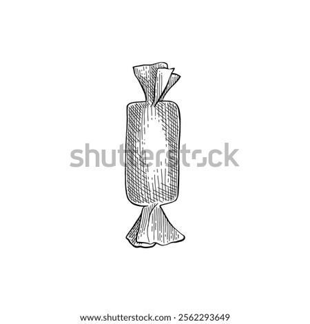 Christmas candy object . Hand drawn vector illustration. Xmas icon. Holiday engraved holly, mistletoe, wreath, sock, stocking, gift, fir tree, pine cone, gingerbread man cookie, bell bow on white