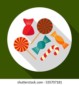 Christmas candy on green background with long shadow. Vector illustration for Christmas and New Year card. Flat design. EPS10.