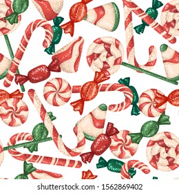 Christmas candy on a white background. Seamless holiday pattern.