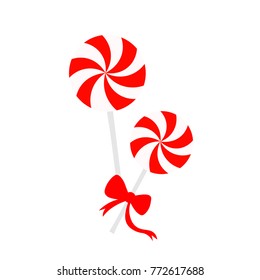Christmas candy on wooden stick. Striped peppermint lollipops isolated on white. Vector illustration for christmas, new years day, sweet-stuff, winter holiday, dessert, new years eve, etc.