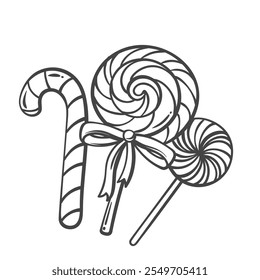 Christmas candy outline vector illustration. Hand drawn striped cane, spiral mint lollipop and round caramel with swirls on sticks, sweet traditional candy gift for Xmas holidays or birthday party