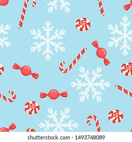 Christmas candy pattern. White snowflakes, red candies and lollipops on blue background. Vector holiday illustration in cartoon simple flat style.