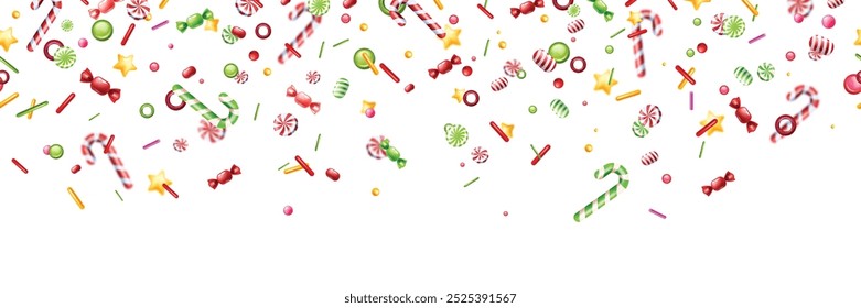 Christmas candy seamless border, vector holiday sweets sprinkle texture, traditional New Year food. Carnival sparkle confetti, sugar dessert wallpaper, festive party color banner. Candy seamless frame