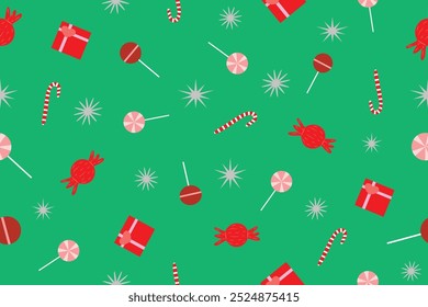 Christmas candy seamless pattern with green background
