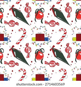 
Christmas Candy Seamless Pattern, Holiday Sweets Background, CandyCane, Gift