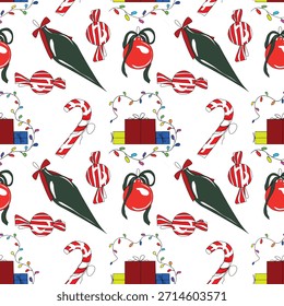 
Christmas Candy Seamless Pattern, Holiday Sweets Background, CandyCane, Gift