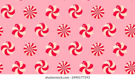 Christmas candy seamless pattern. Peppermint candies background. Holiday traditional backdrop. Perfect for fabrics, kids clothing and fashion print.